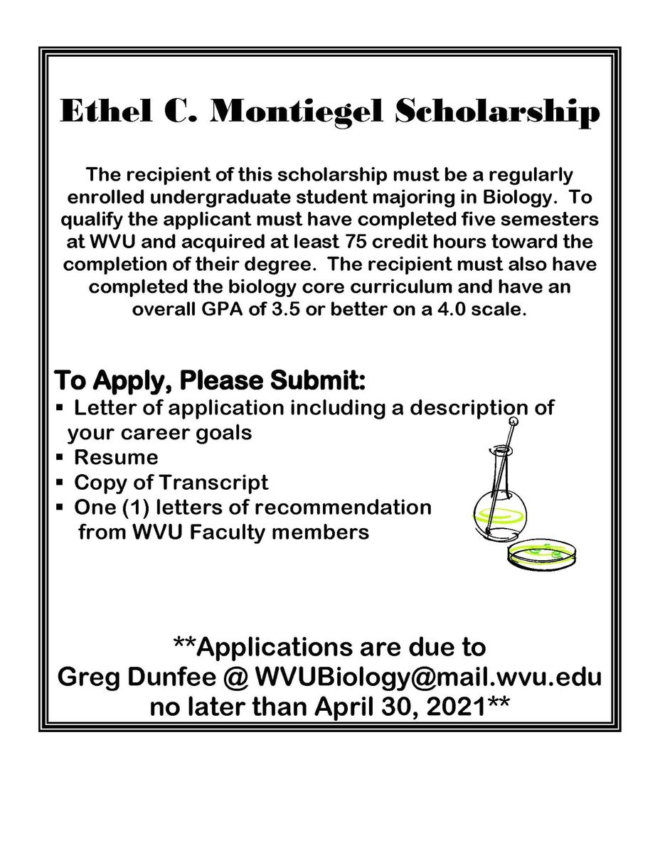 WVUBiology's tweet photo. WVU Biology Undergrads: Check out these 5 scholarship opportunities!  Applications are due April 30. Reach out to Greg Dunfee with any questions: WVUbiology@mail.wvu.edu https://t.co/v2W6g7wT3i
