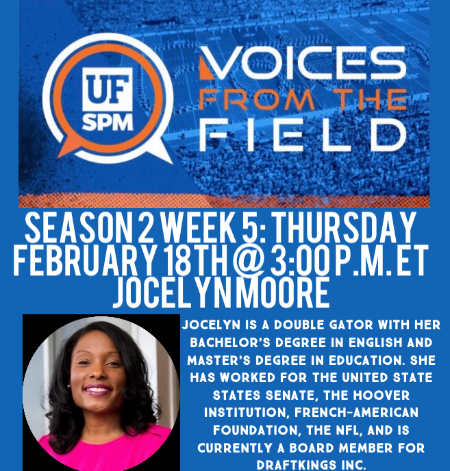ufspm's tweet photo. Join us today LIVE @ 3 pm EST @ https://t.co/Ac8YnxWiV6 to hear from @msjociemoore - @UF Double Gator, Board Member @DraftKings & Former @NFL Exec. #vftf #ufspm https://t.co/NAlUVQmDaD