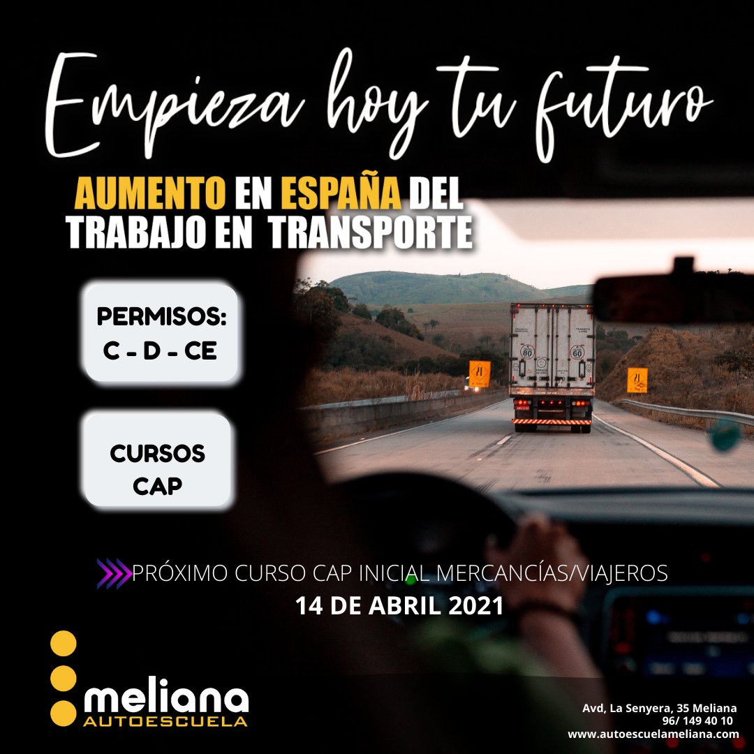 autoesmeliana's tweet photo. Buscas una nueva salida profesional?
¡No dejes escapar la oportunidad! Llama y apúntate a nuestro nuevo #cursocap de mercancías y viajeros.🚛
📅14 de abril de 2021
⏰Lunes a viernes de 17:30h a 21:30h
96/149 40 10
📍 Avd. La Senyera, 35 Meliana
https://t.co/FX3C3RTvCn https://t.co/pliu1YoHYr