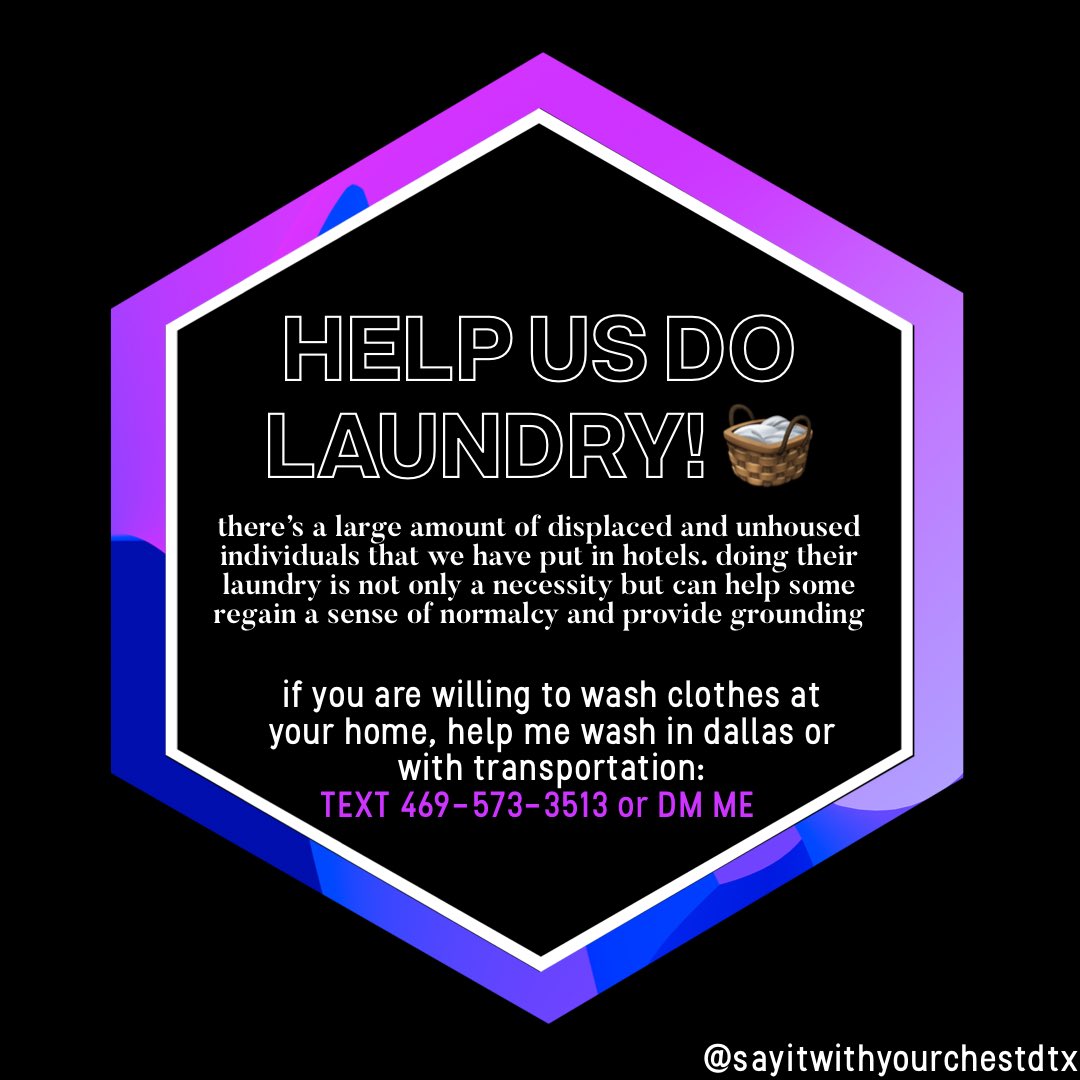 siwycdtx's tweet photo. WE REALLY NEED HELP WITH DOING LAUNDRY THESE NEXT COUPLE OF DAYS!! text me at 469-573-3513 if you would like to volunteer! if you can wash clothes at your home or can help with transportation lmk 🖤💙💜 https://t.co/cA0Bejr3UR