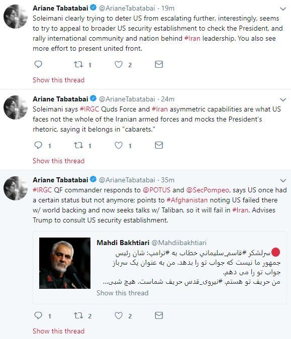 5)Tabatabie is quite fond of Qassem Soleimani, the world's most notorious terrorist who commanded the killing of thousands of people across the region.Her tweets literally praised Soleimani.