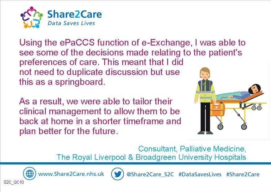 Being able to view ePaCCs data within e-Xchange is helping to ensure that patients wishes are met during end of life care.  #Share2Care #NHS #makingadifference