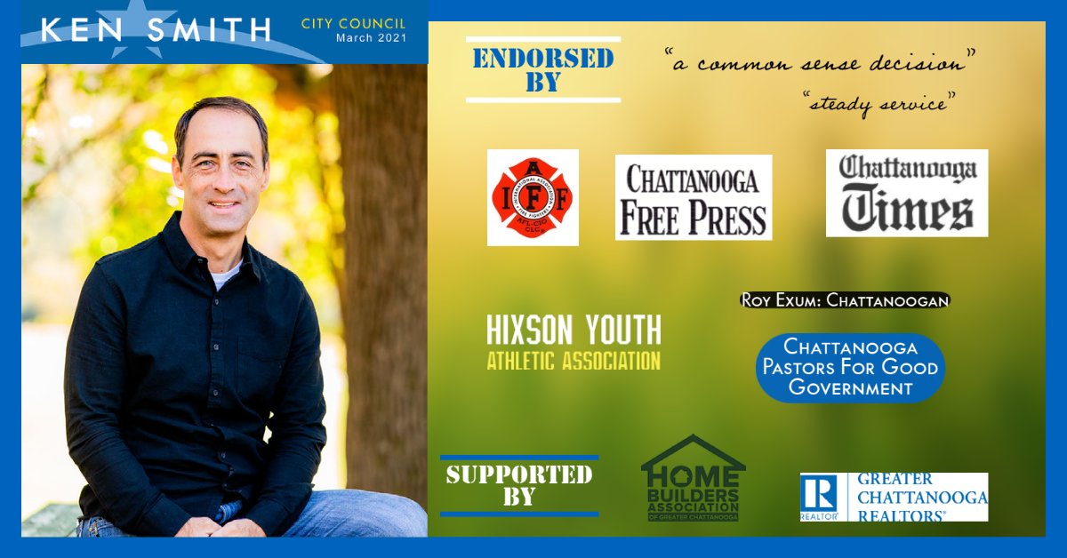 Ken R. Smith (@kenrsmith) on Twitter photo So honored to have the endorsement and support from these fine organizations and people! <a href="/TimesFreePress/">Times Free Press</a> <a href="/Chattanoogancom/">Chattanoogan.com</a> <a href="/GCR_News/">Greater Chattanooga REALTORS</a>
#hyaa #cffa #homebuildersofchatt #chattanoogapastorsforgoodgovernment So honored to have the endorsement and support from these fine organizations and people! <a href="/TimesFreePress/">Times Free Press</a> <a href="/Chattanoogancom/">Chattanoogan.com</a> <a href="/GCR_News/">Greater Chattanooga REALTORS</a>
#hyaa #cffa #homebuildersofchatt #chattanoogapastorsforgoodgovernment