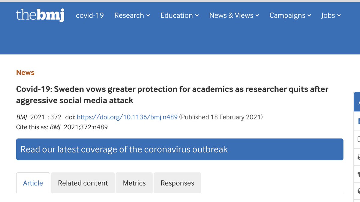 A few thoughts on this sad development 20 academics criticizing an paper is fine; good science, really10000+ hate mail for studying schools in Sweden is insaneAnonymous docs/ prof (hiding in faceless accts) on twitter smearing researchers is insane[thread]  https://twitter.com/ottersenolep/status/1362429364823023623