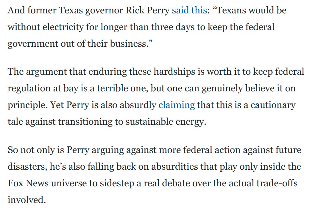 Unsurprisingly, Rep. Lauren Boebert succeeded in taking the phony anti-elite posturing to towering heights of stupidity.And Rick Perry did a bang-up job exposing the utter bankruptcy of the conservative response to Texas as well: https://www.washingtonpost.com/opinions/2021/02/18/texas-republicans-abbott-power-shortages/