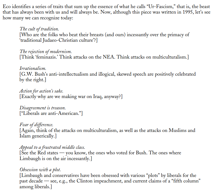 I was very wrong. In the early chapters, Neiwert looks at a number of examinations of fascism. Here, he annotates Umberto Eco's list of "Ur-Fascist" characteristics with examples from the modern American context.
