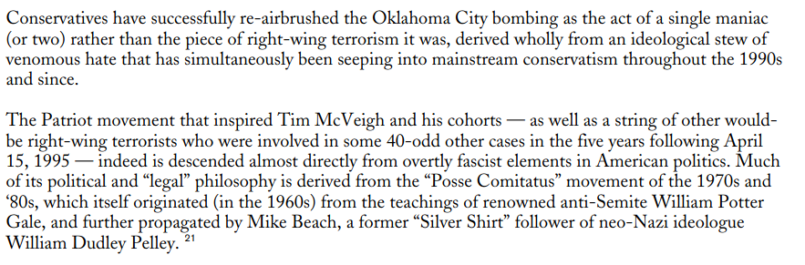That brings me to Thing 2 that I learned: proto-fascism is already here in the US.The author had reported extensively on the "Patriot" movement, his work culminating in a 1999 book, "God's Country". In chapter 5 of the Rush article, he starts bringing in that work: