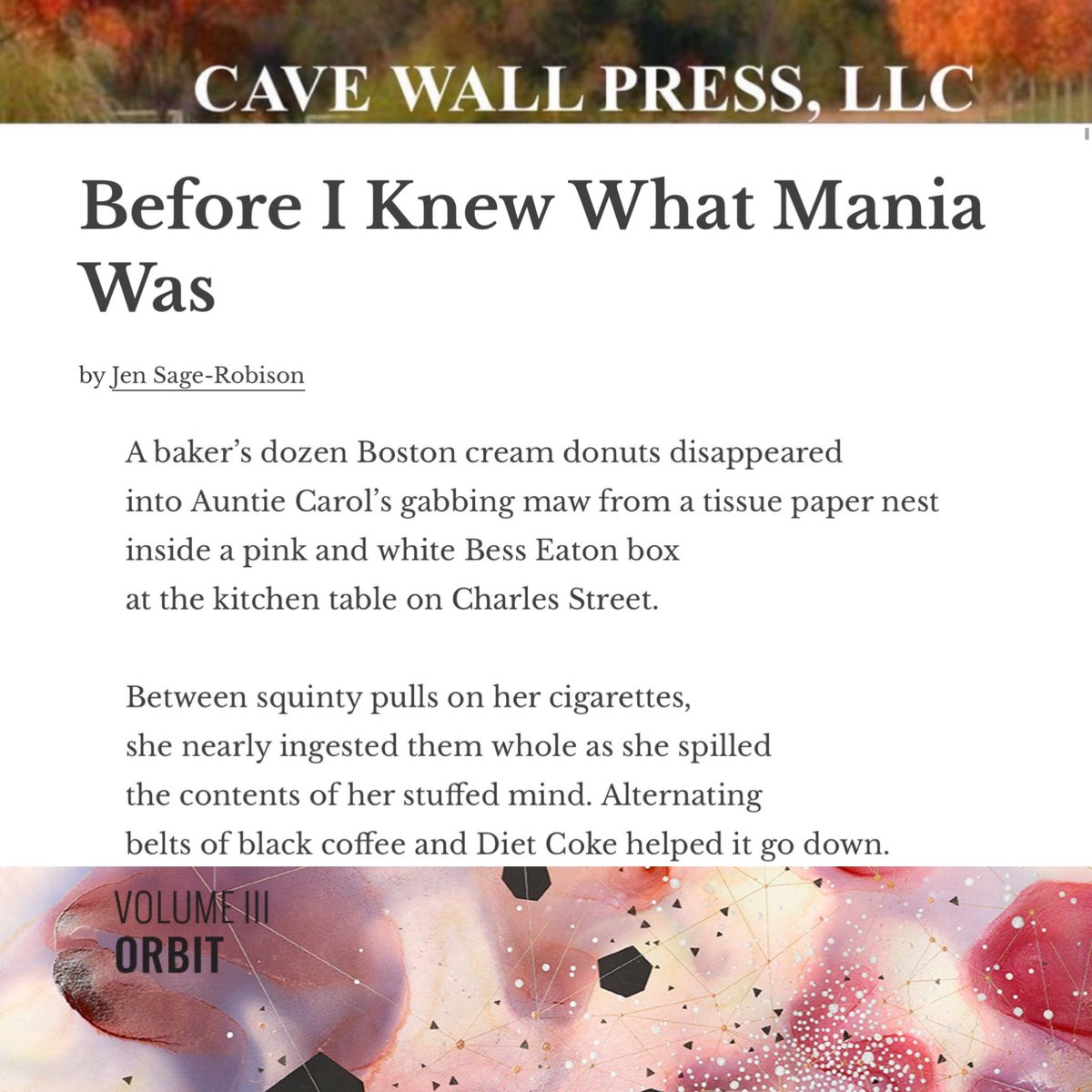 ExpoReviewLit's tweet photo. We’re rereading @@JenSageRob’s BEFORE I KNEW WHAT MANIA WAS, a nominee for @CaveWallPress’s #NinaRiggsAward. Find it and all our #litnoms here: https://t.co/XnMZ8Qi7C6. #ExpoReview #Orbit #litjournal #litmag #poetry #poet #poem https://t.co/sBtFdMARUs
