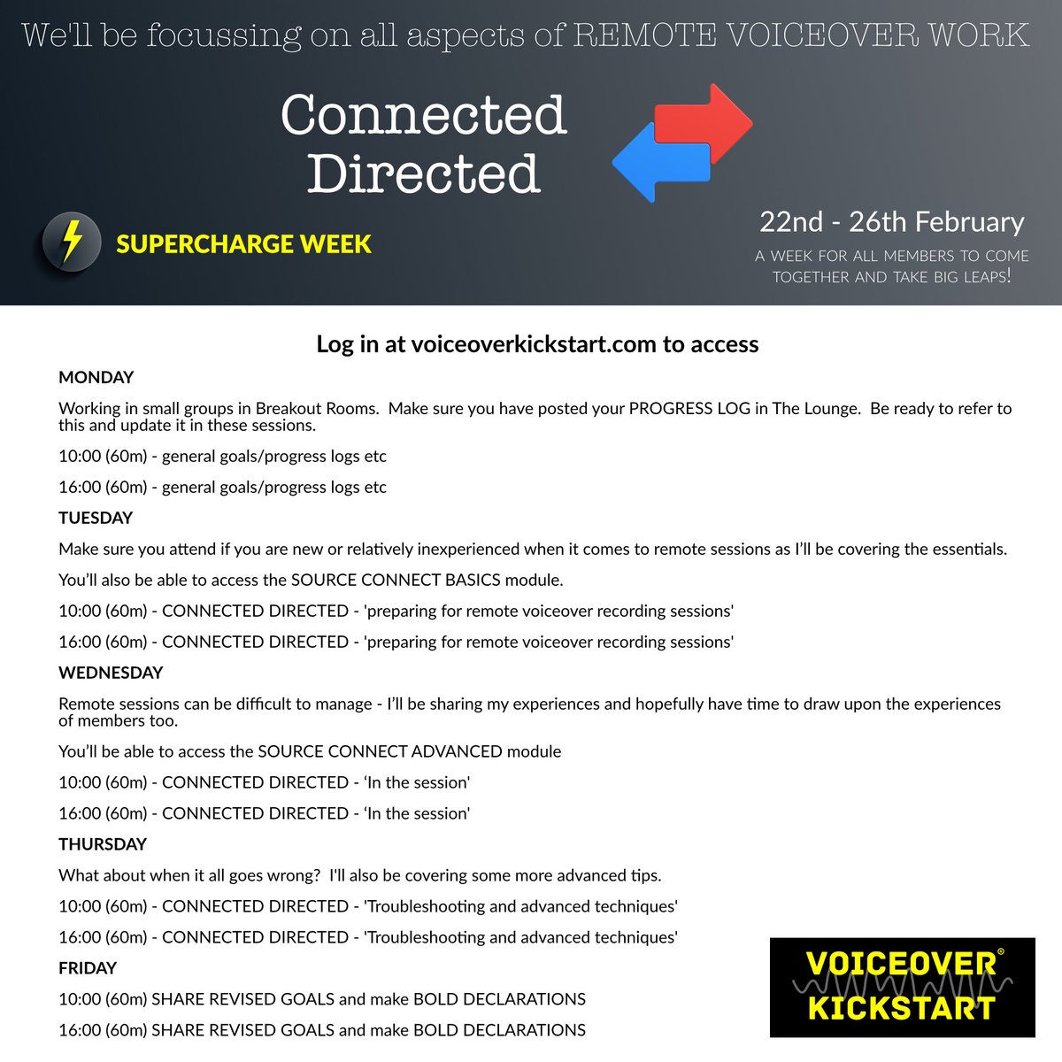vostarvoiceover's tweet image. Next week we have our 4th SUPERCHARGE WEEK and this time we focus on REMOTE VOICEOVER WORK.  Will you be joining us?
voiceoverkickstart.com #voiceover #sourceconnect #remotevoiceover #voiceovercourses #voiceoverwork