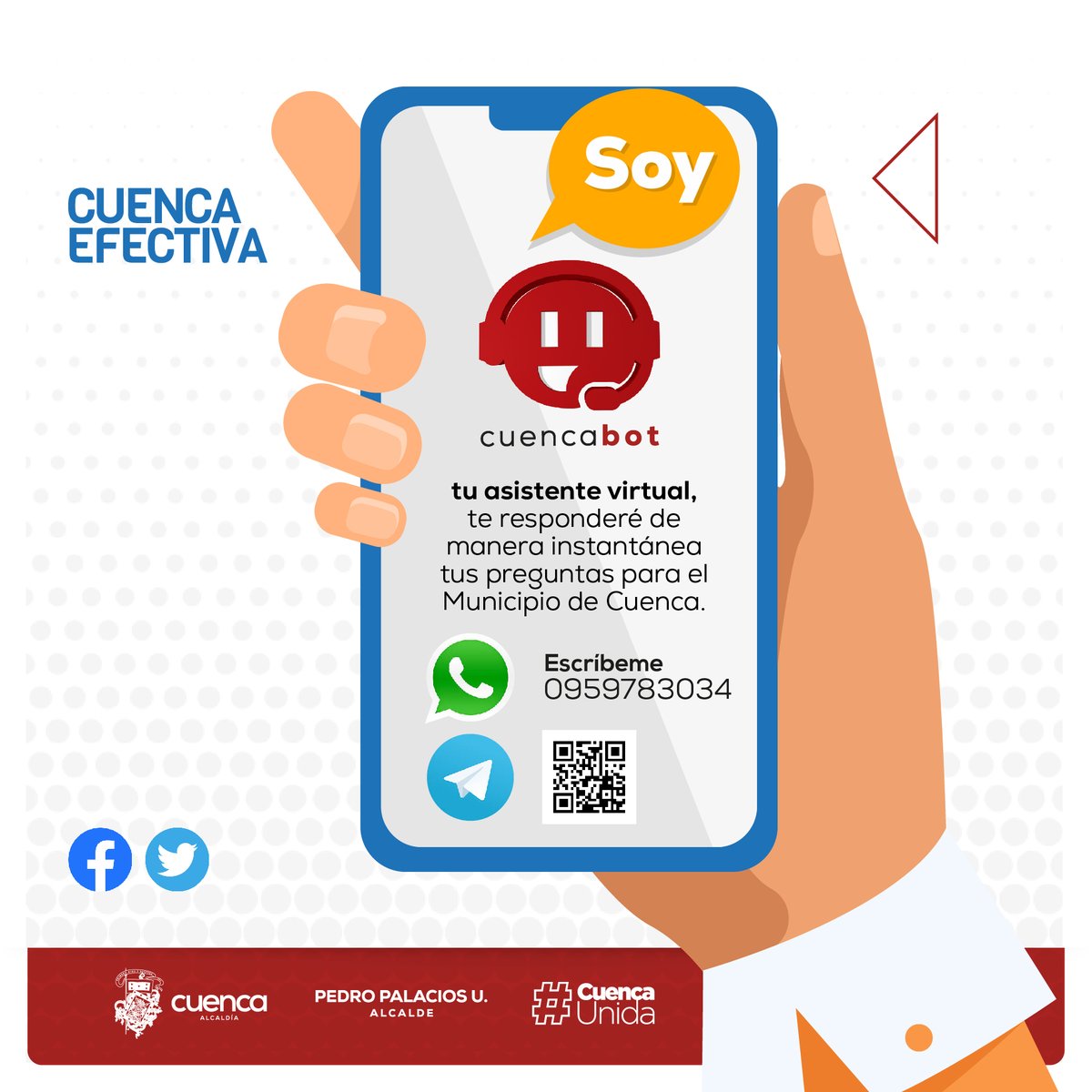 Tranvia_Cuenca's tweet photo. Ya me conoces, soy #CuencaBOT, tu asistente virtual. Comunícate conmigo las 24 horas del día.
#CuencaEfectiva
#CuencaUnida https://t.co/4Uz6JKIOI2