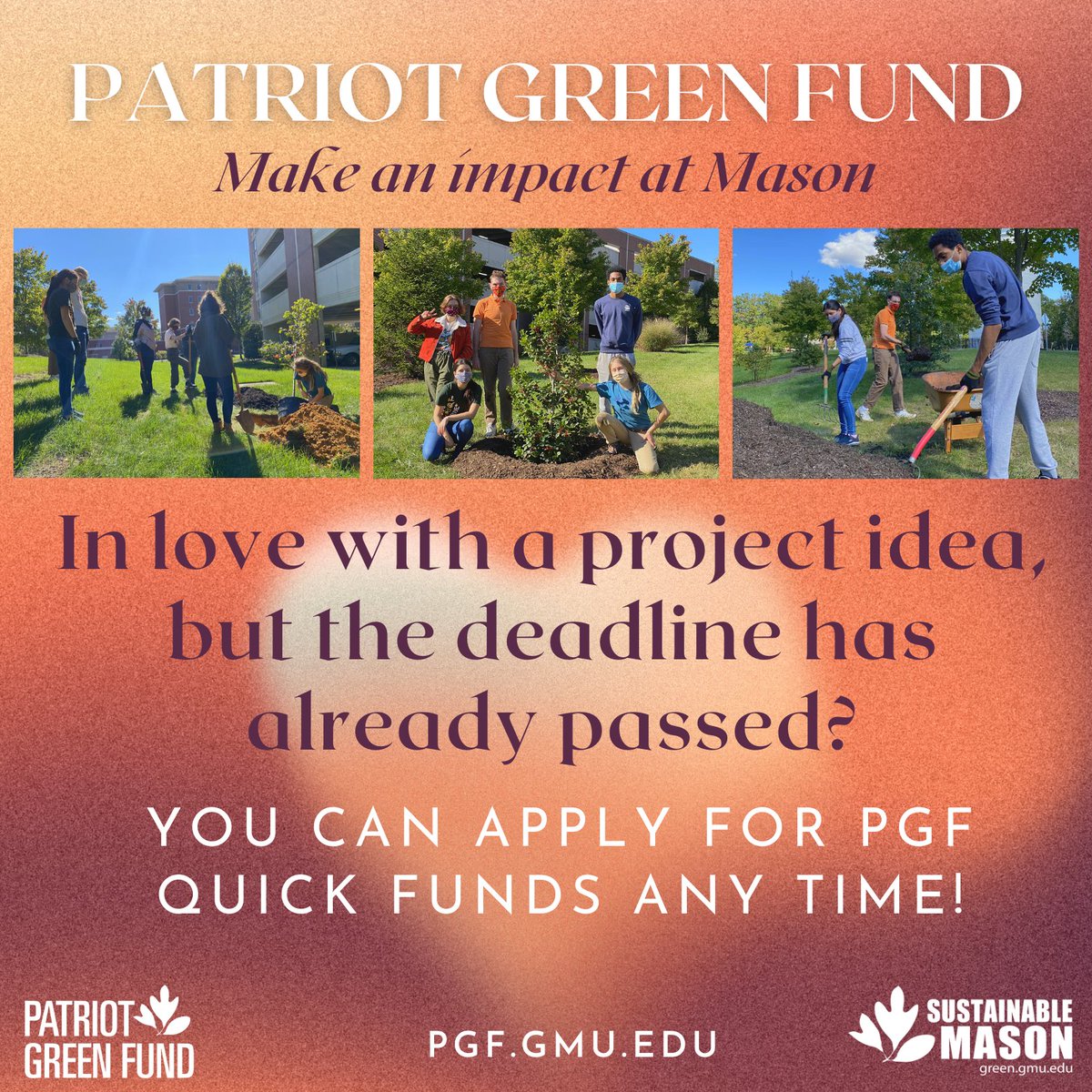 sustainMASON's tweet photo. #MasonNation, help us make @GeorgeMasonU more sustainable with the Patriot Green Fund (PGF). Apply for a PGF Quick Fund any time and you can receive up to $1,000 in two weeks or less!
https://t.co/1jAKSBW6zo
#Sustainability
@MasonResearch @DannSklarew @GeorgeMasonISE https://t.co/vNfjvYIEm3