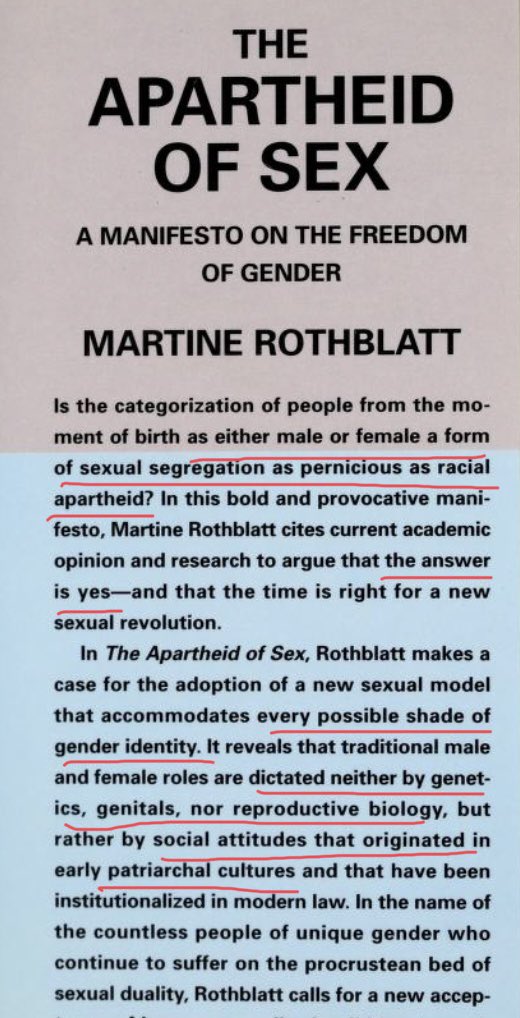 Author is a late transitioning male, with a wife (who he calls his “Spice” because he makes up language). He also fathered children. You will likely have heard this name before :Martine Rothblatt. If unfamiliar head over to  @11thBlog &  @bjportraits