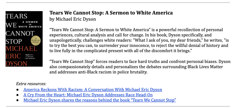 CMSRU Gold Humanism (@cmsrugold) on Twitter photo In <a href="/MichaelEDyson/">Michael Eric Dyson</a>'s "Tears We Cannot Stop: A Sermon to White America," he challenges readers "to reject the willful denial of history and to live fully in the complicated present with all of the discomfort it brings." His book is available in our new anti-racism library. In <a href="/MichaelEDyson/">Michael Eric Dyson</a>'s "Tears We Cannot Stop: A Sermon to White America," he challenges readers "to reject the willful denial of history and to live fully in the complicated present with all of the discomfort it brings." His book is available in our new anti-racism library.
