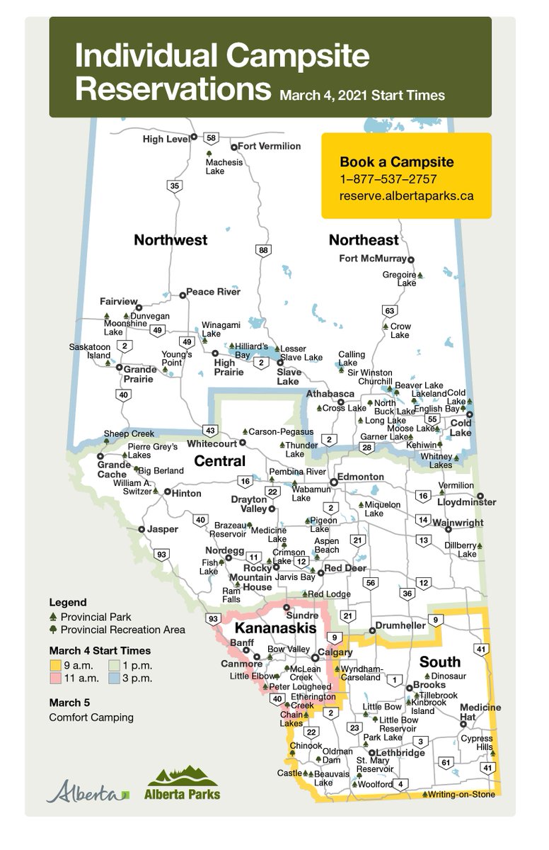 Alberta Parks’ 2021 Camping reservations open March 4. Camping reservations open March 4 for individual campsites (arrival dates 90 days in advance) &amp; are staggered by region. Sites already available within the 90-day window will be reservable on the day reservations start.