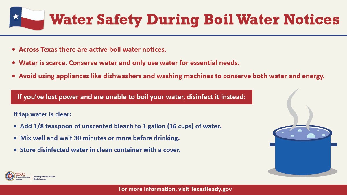 TexasDSHS's tweet photo. 🚨🚱Boil water notices are active across Texas. 

Please check for local alerts and guidance. Follow and share the water boil safety steps in this thread. 

Please continue to conserve water and energy. Stay off roads when possible. #TexasReady #txwx https://t.co/nxdIauaRCc
