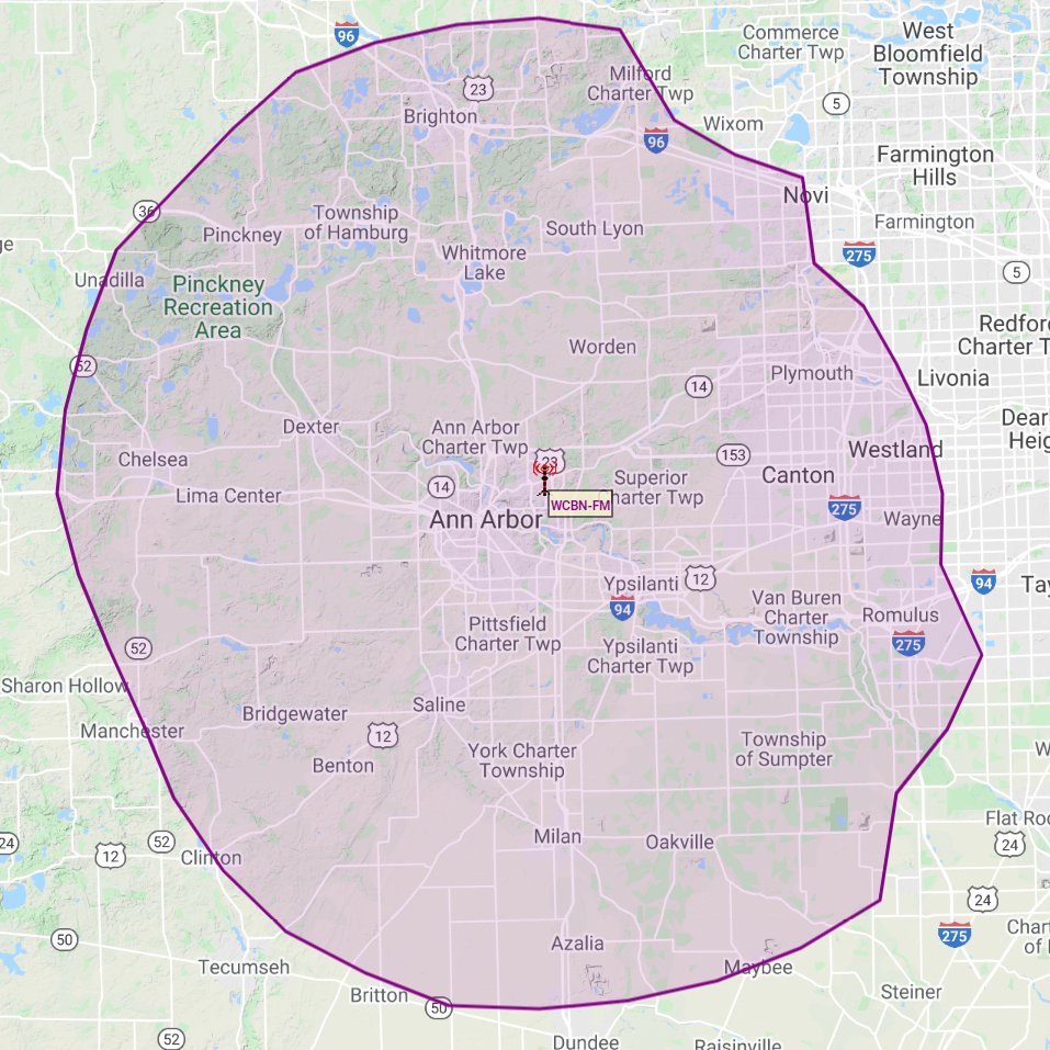 UMichStudents's tweet photo. 🚀<------This------>🌝 is how far our 88.3fm signal reaches! If you find yourself unlucky enough to be OUTSIDE of this purple zone, you can listen online at https://t.co/LQ1eJTWNCn (use a browser other than chrome) or download our app on ios/android #radio #signalmap https://t.co/QMdQ56xtNA