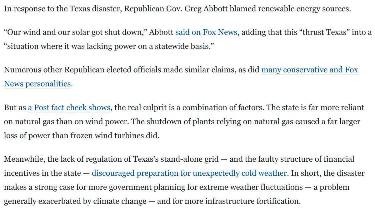 On Fox News, Gov. Greg Abbott blamed wind and solar for the Texas disaster.But the thing is, he *knows* this is nonsense. He admitted elsewhere that the problem was natural gas and coal!The rub is that the pull of the Fox News vortex is irresistible: https://www.washingtonpost.com/opinions/2021/02/18/texas-republicans-abbott-power-shortages/
