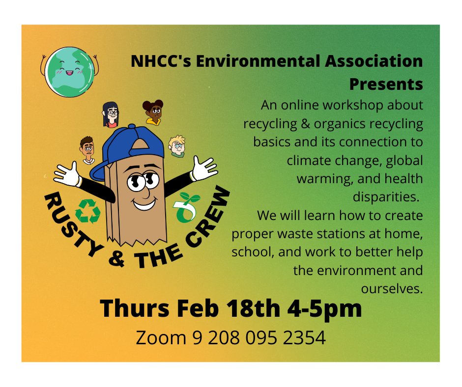 The Environmental Association invites you to join us as we introduce Rusty &amp; the Crew: a non-profit focused on educating families and local communities on proper waste stations at home, school, and work. 🌎🌍🌏♻️🚯🚮

minnstate.zoom.us/j/92080952354