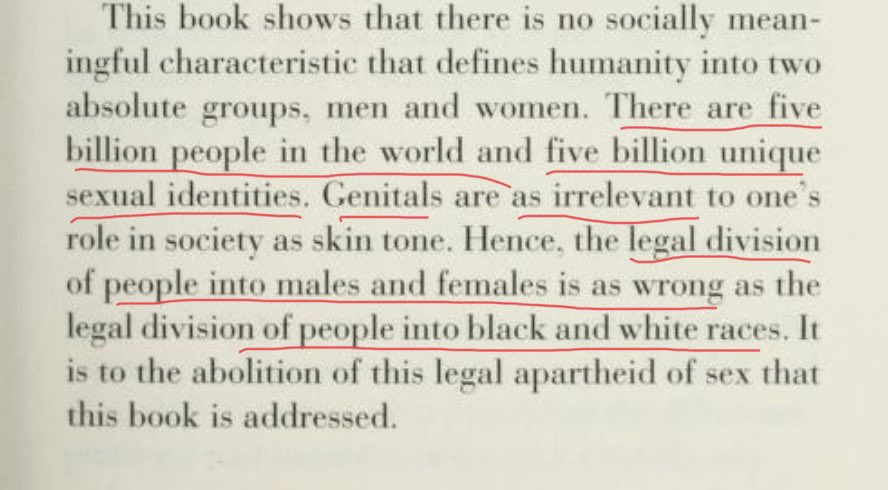 Rothblatt argues that sex is no longer a meaningful category.  @bbceducation showed a lack of ambition when they went for a 100 genders Rothblatt was aiming for 5 billion. Women demanding sex segregated spaces are the type of people who would have imprisoned Nelson Mandela.