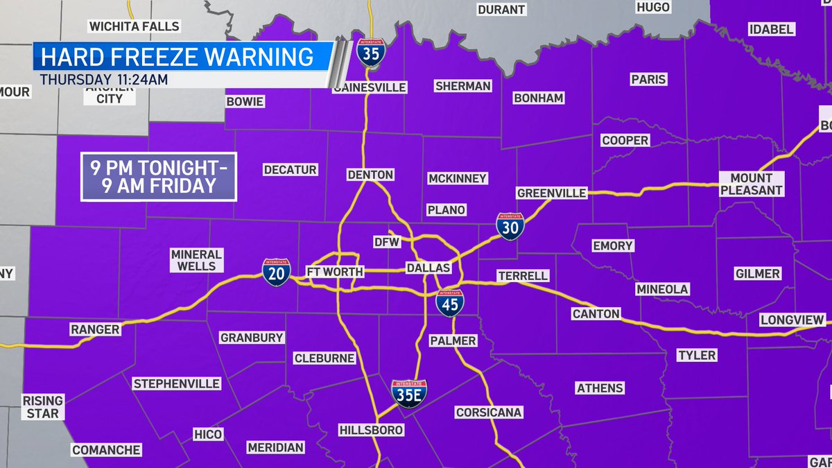 SDaviesNBC5's tweet image. Hard Freeze Warning TONIGHT--&amp;gt; Lows will be in low teens and single digits through Friday morning. If your pipes are still ok, keep an eye on them again tonight. @nbcdfw @NBCDFWWeather  nbcdfw.com/weather