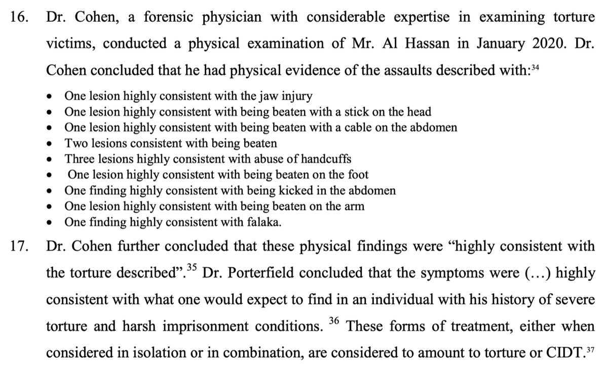 Independent medical experts including  @sondracrosby16,  @drjulietcohen, and Dr. Katherine Porterfield, found that Al Hassan had physical and psychological injuries consistent with his torture.