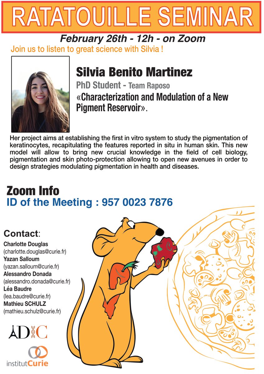 ADIC Curie (@curieadic) on Twitter photo We are happy to announce the next Ratatouille Seminar 🍕🐭😍!
-> February 26th, at 12h on Zoom
-> Silvia Benito Martinez will present her work on the "Characterization and Modulation of a New Pigment Reservoir".
<a href="/CurieAdic/">ADIC Curie</a> <a href="/silviabenitom/">Silvia Benito-Martínez, PhD</a> We are happy to announce the next Ratatouille Seminar 🍕🐭😍!
-> February 26th, at 12h on Zoom
-> Silvia Benito Martinez will present her work on the "Characterization and Modulation of a New Pigment Reservoir".
<a href="/CurieAdic/">ADIC Curie</a> <a href="/silviabenitom/">Silvia Benito-Martínez, PhD</a>