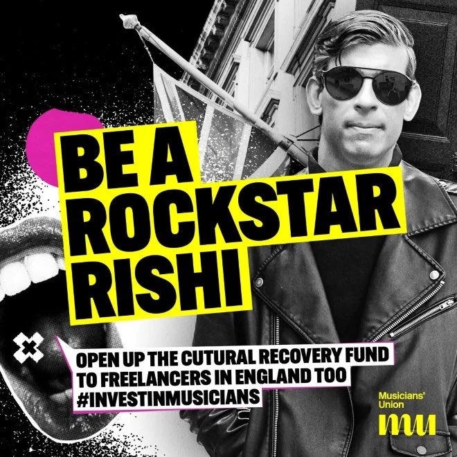 @RishiSunak @GordonRamsay Freelancers in Wales & Scotland were able to apply for support from the Cultural Recovery Fund. Musicians in England were not.  It’s time, in this United Kingdom that the Cultural Recovery Fund was opened up to to freelancers in England too.  #BeARockstarRishi  #InvestInMusicians