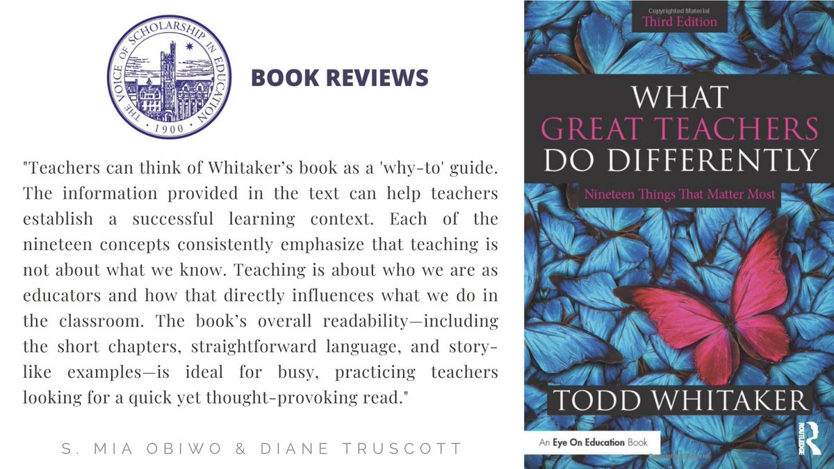 In their review, Dr. S. Mia Obiwo &amp; Dr. Truscott's write that Dr. <a href="/ToddWhitaker/">Todd Whitaker</a>'s book is not a "how-to" guide, but rather a "why-to" guide, encouraging educators to understand that teaching is not about what we know, but "who we are as educators." ow.ly/Ubf450DCMIh