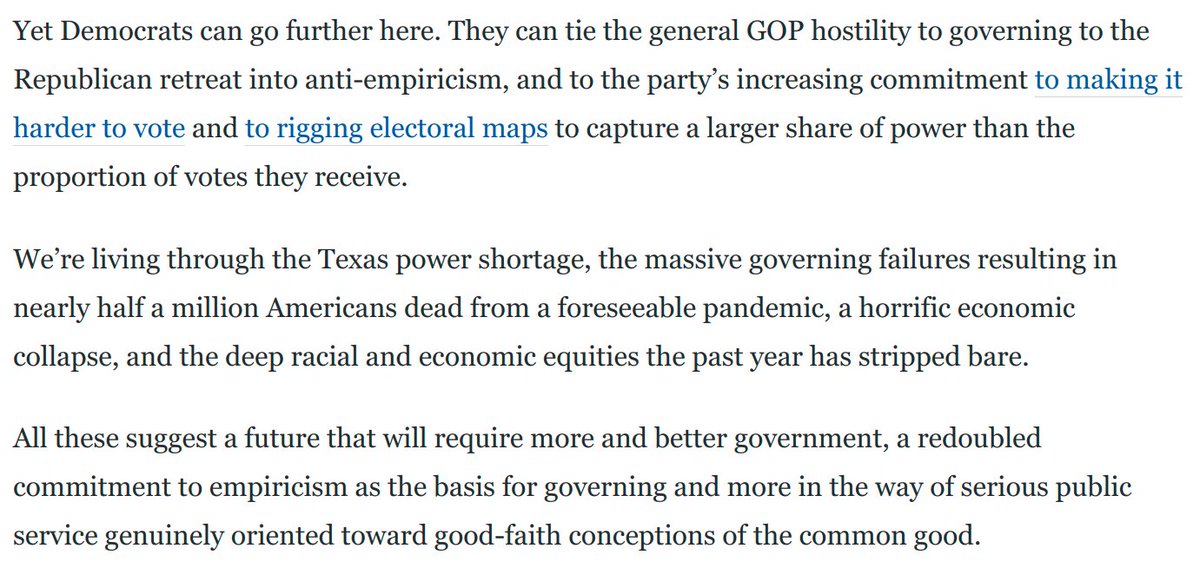 Texas, the pandemic and the economic collapse herald a future that will demand more empiricism, better government and a recommitment to democracy/public service.But the GOP is retreating deeper into Foxlandia and ramping up the anti-democratic tactics: https://www.washingtonpost.com/opinions/2021/02/18/texas-republicans-abbott-power-shortages/