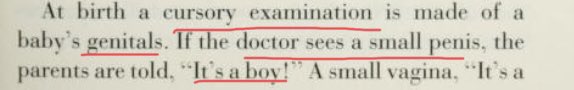 Sex is determined by a “cursory examination” of a baby’s genitals. & “Manhood” or “Womanhood” is a life style choice. Open to anyone “regardless of genitalia”. Good to know Martine.