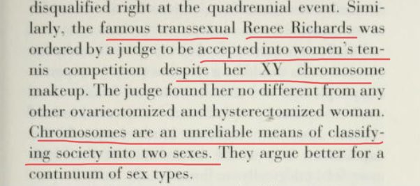 He go’s into more detail about sports later but here he highlights that Renee Richards was allowed to play in female tennis. In fact Renee was a trainer for Martina Navratilova which rather begs the question re Martina being called “transphobic” . More on Renee in a minute.