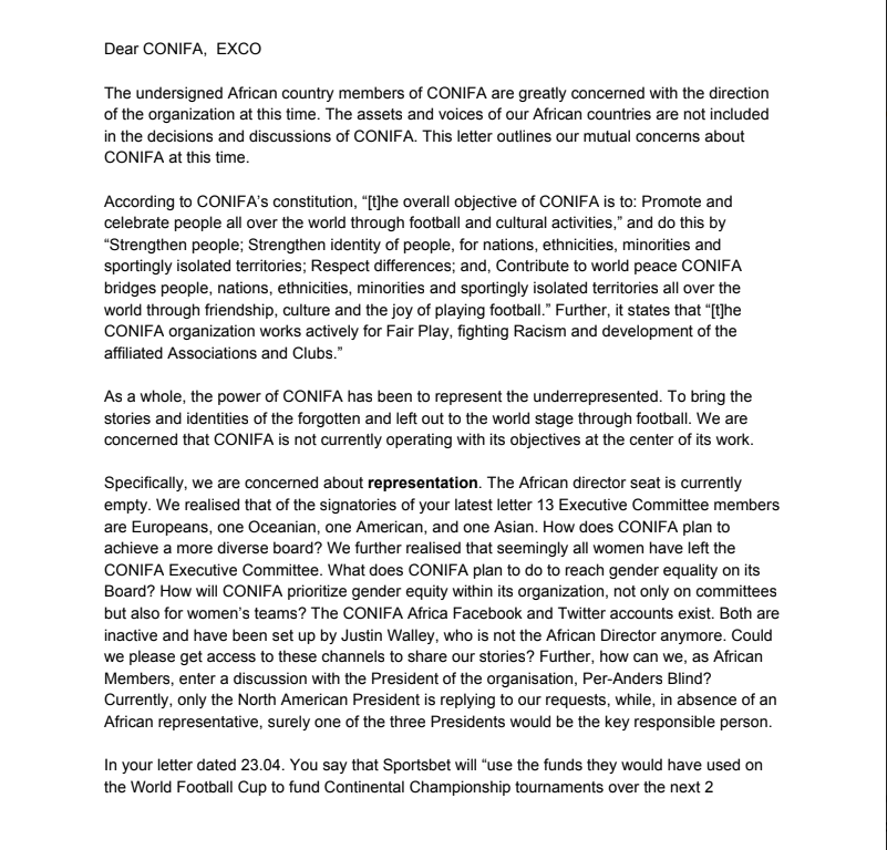 Well, it was the utter failure to resolve pertinent issues that were raised by  @ChagosIsland  @MatabelFootball  @DarfurUnited  @KabyliaFA  @FABarawa &  @SahrawiFootball, in this letter to the ConIFA Executive Committee [ExCo] that led to  @GFStauring/ @KatieJayScott resigning  #Darfur: