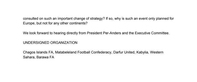 In fact, only  @BarotseFootball  @Somaliland_FA &  @ZFFZanzibar/ @ZanzibarFA did not sign it.Two of those were completely inactive 'members' & the London-based Somalilanders were still miffed at losing 2020  #WorldCup hosting rights, having been switched to non-member N. Makedonija.