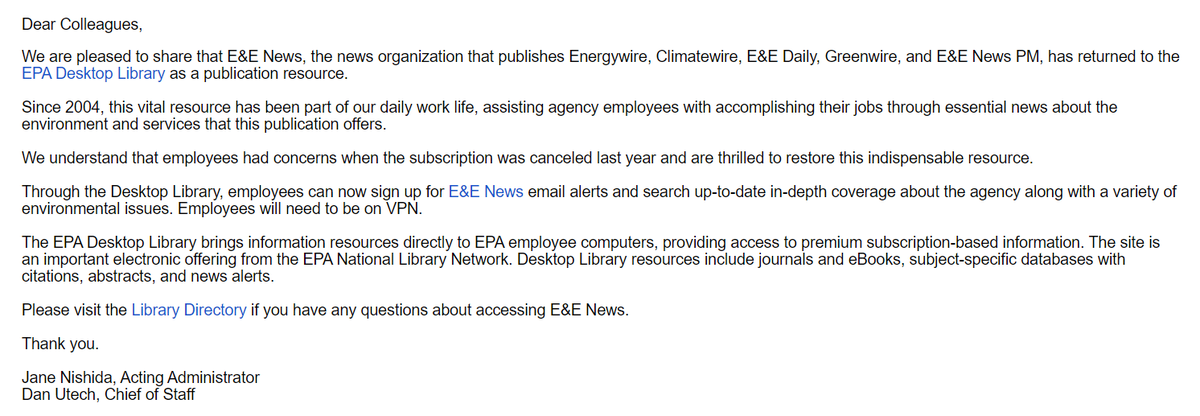 .<a href="/EPA/">U.S. EPA</a> leadership has restored employees' access to <a href="/EENewsUpdates/">E&E News</a>, according to a staff-wide email: "We understand that employees had concerns when the subscription was canceled last year and are thrilled to restore this indispensable resource."
