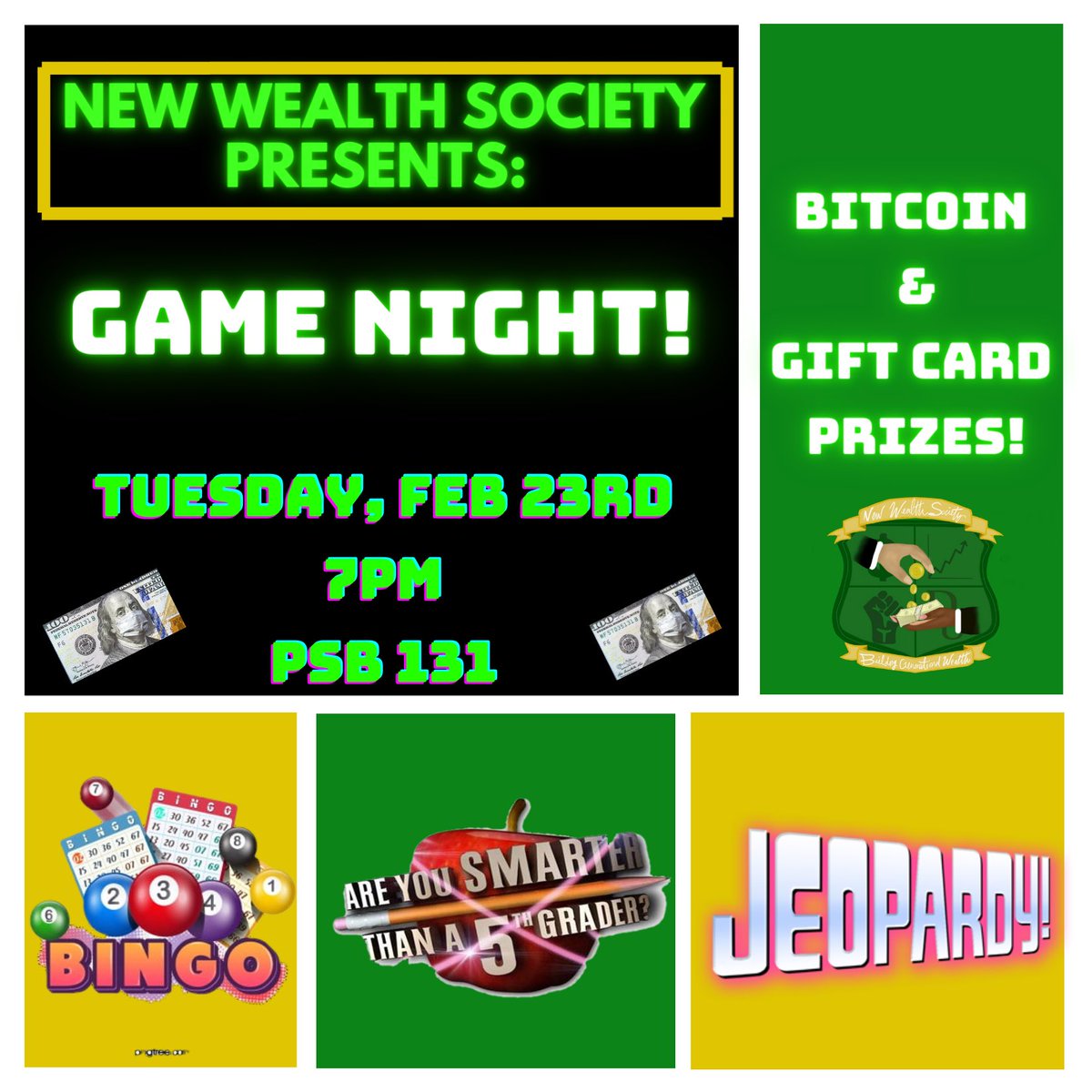 NewWealthSocie1's tweet photo. New Wealth Society Invites you to GAME NIGHT 🤑🎮! Each game will be money themed &amp; we are giving away Bitcoin &amp; gift card prizes 👀💙🙌🏿 #MyDu #MoneyGames #Investment #Budgeting #Passiveincome #financialliteracy https://t.co/m8jT8lg4Cs