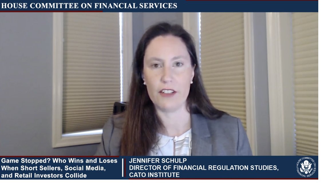 Next witness is Jennifer Schulp, director of financial regulation studies at the Cato Institute.Welcomes "new opportunities for individuals to grow their wealth, not restricted." https://financialservices.house.gov/uploadedfiles/hhrg-117-ba00-wstate-schulpj-20210218.pdf25/