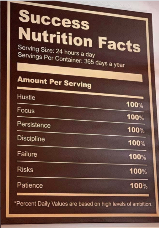 BarbArmstrongCS's tweet photo. Love this. 'Nutrition Facts' for Success. Love that failure is considered critical for success, along with hustle, focus and persistence. Great food for thought! Enjoy.
#FailureIsntFinal #FridayMotivation #FridayThoughts https://t.co/OpiaLfaBTk