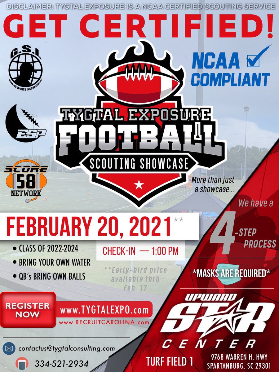 Dead Period extended thru May 31.
Don’t get left behind in a process that has been hardened by this last years circumstances. Get ahead by coming to this event and getting certified!

Register ASAP. Just a few more spots left. Register at tygtalconsulting.com/football-event…