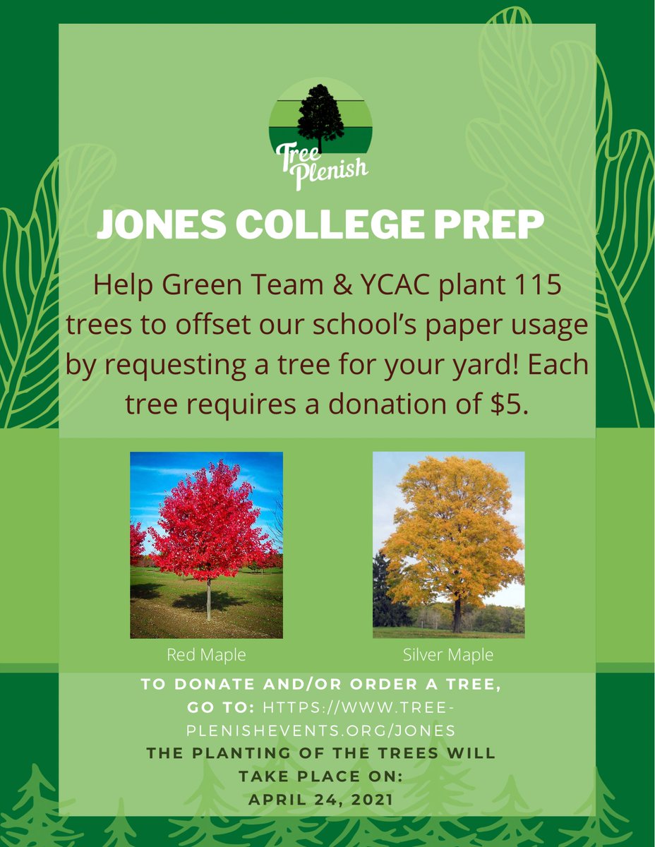 JonesCollegeHS's tweet image. JCP’s Green Team and Youth Climate Action Coalition will be  planting 115 trees on April 24th in order to offset our school's paper usage.  Each tree is $5. For more details and to donate or order a tree go to:  tree-plenishevents.org/jones  #plantatree #jcpeagles