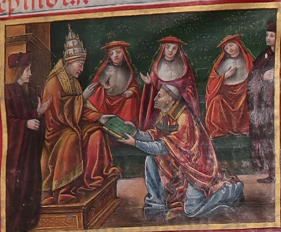 But what excited me the most for this version of the preface (it's a printed book; there are others) is the depiction at the very top. Look! It's Bussi gifting the book to the Pope! Could this possibly be summarizing my work? How to think about this? Art history came in -BT