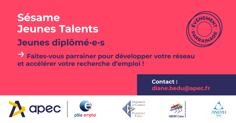 📣Vous êtes #jeunediplômé 👨‍🎓(Bac+3 ou plus) et êtes à la recherche de votre #1eremploi ? Un peu d'aide d'un parrain serait le bienvenu ?🤝L' <a href="/ApecPacaCorse/">L'Apec Provence-Alpes-Côte D’Azur & Corse</a> lance #SésameJeunesTalents sur la #Corse à #Ajaccio. Contactez-nous ! 👉