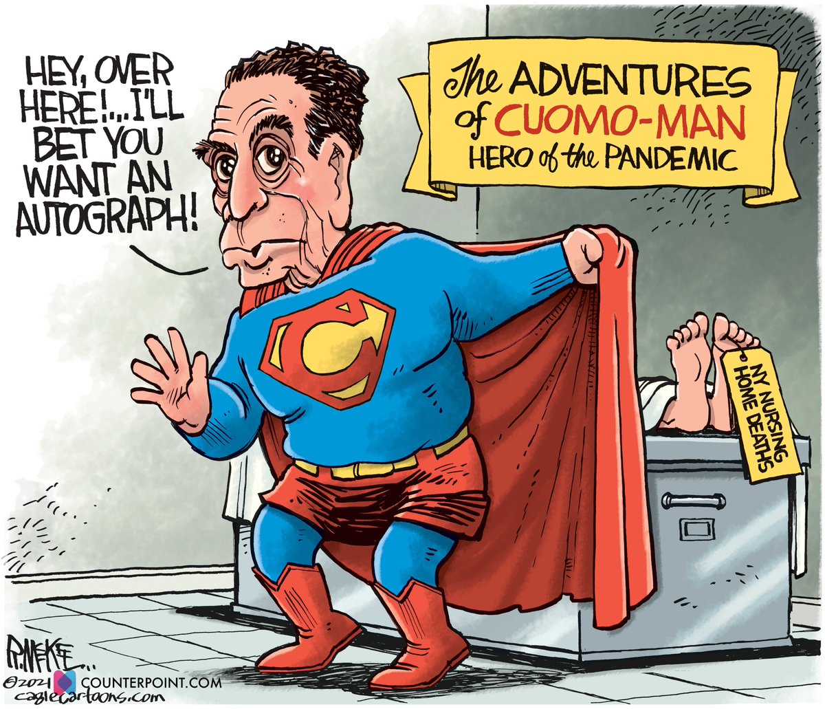 Adventures of Cuomo-Man, Hero of the Pandemic! ("Hey, over here! I'll bet you want an autograph!") - A sarcastic political cartoon from Rick McKee for Counterpoint.com.