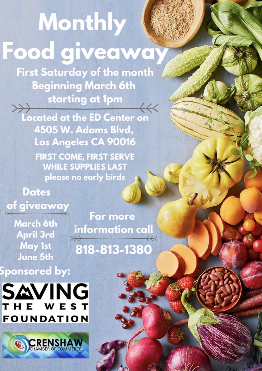 Join us along with @savingthewestfoundation Every first Saturday of the month for Fresh Food give aways! #servingourcommunity #crenshaw #freefood #freefoodevents #crenshawcommunity