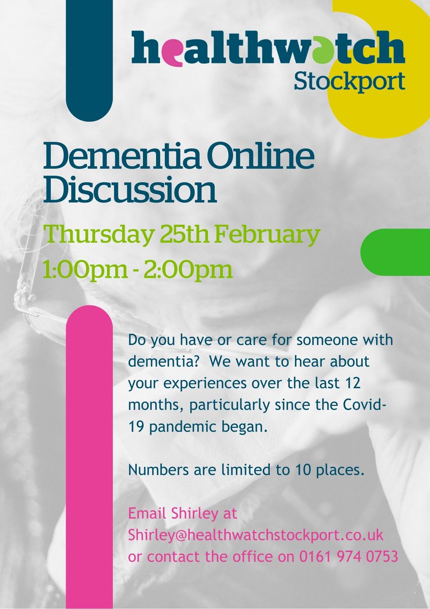 If you're caring for someone with dementia, @HWStockport is running an online discussion on Thursday 25th February 1pm – 2pm, to hear about your experiences over the last 12 months, particularly since the pandemic began. Can you help? #dementiacarers #carers #Stockport
