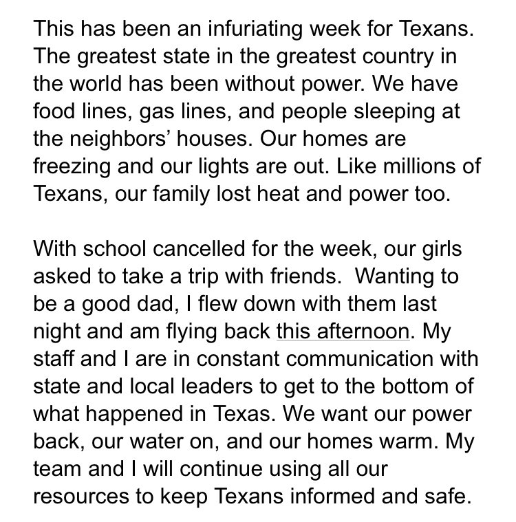 GeoffRBennett's tweet image. Sen. Ted Cruz in a new statement attributes his Cancun trip to “wanting to be a good dad” to his girls — while Texans were without heat, water and power.