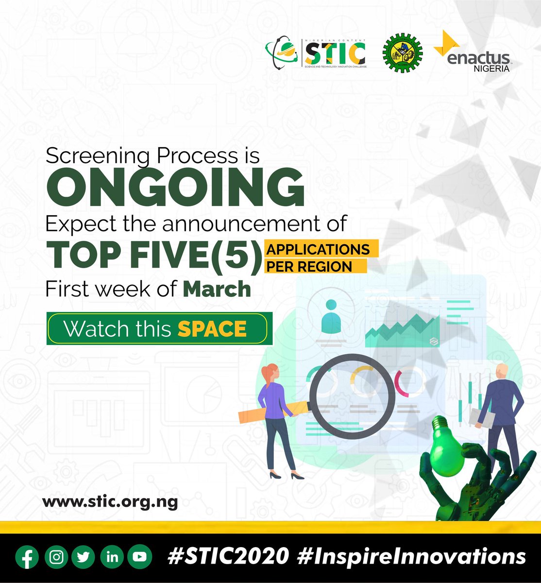 Expect the announcement  of STIC Top 5 applications per region first week of March, 2021...

Watch this space 👀

#STIC2020 #InspireInnovations