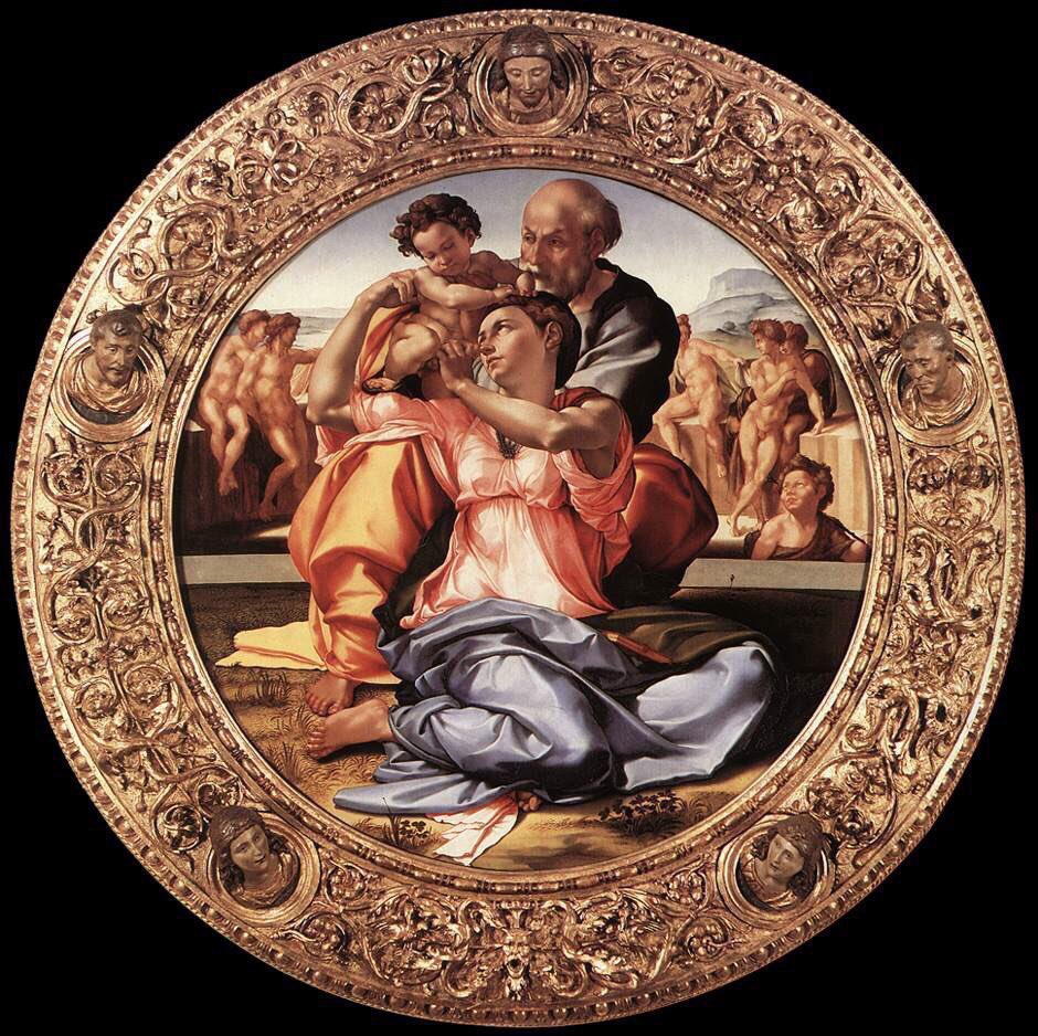 The Florentine also painted the Doni Tondo (1506) & the Manchester Madonna. The Tondo (circular painting) is in the Ufizzi & the unfinished Madonna in the National Gallery in London. Tondo Pitti (1504-5) & Taddei Tondo (1505-6). He loved the Tondo format