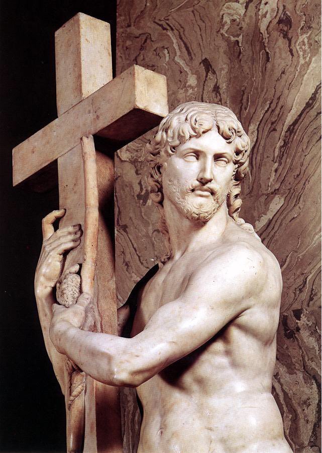 A work that has caused some discussion amongst art historians is his Risen Christ (1521). The original version was abandoned & this one was created, hastily, with the aide of others. However the torso, legs & contrappasto are Michelangelo’s