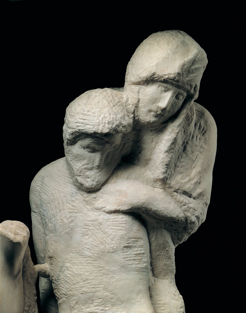 An unfinished piece from his last years is the Rondanini Pietà (1552-64). The figures are elongated, almost etiolated. The feeling is of deep & spiritual emotion. It is one of 3 Pietàs he created & is in the Sforza Castle, Milan. We see the birth of expressionism in the work.