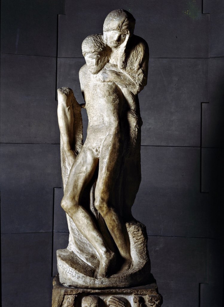 An unfinished piece from his last years is the Rondanini Pietà (1552-64). The figures are elongated, almost etiolated. The feeling is of deep & spiritual emotion. It is one of 3 Pietàs he created & is in the Sforza Castle, Milan. We see the birth of expressionism in the work.
